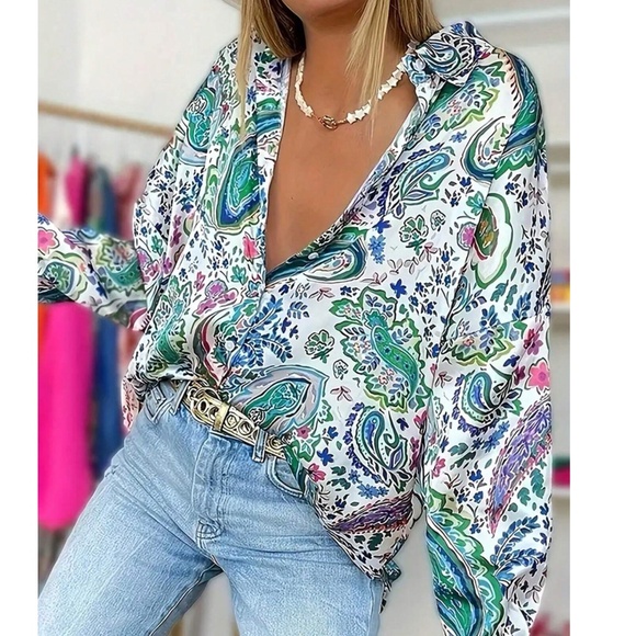 Plus Floral Paisley Print Button Down Long Sleeve Shirt - Picture 1 of 4